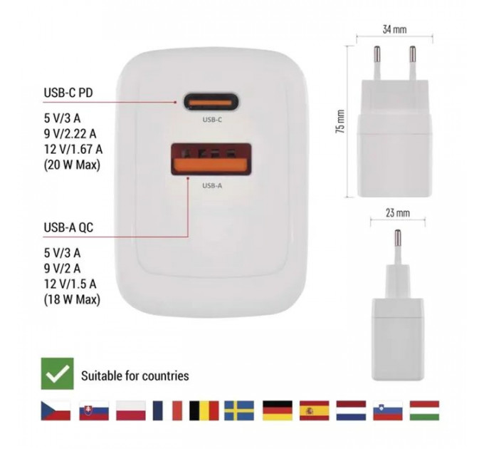Зарядное устройство EMOS V02G20 1xUSB-A+1xUSB-C PD20W GaN (V02G20)