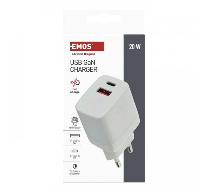 Зарядное устройство EMOS V02G20 1xUSB-A+1xUSB-C PD20W GaN (V02G20)