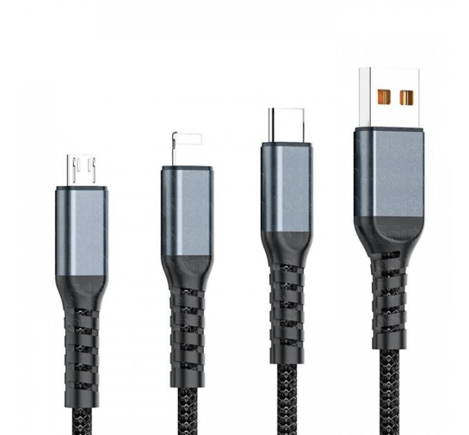 Дата кабель USB 2.0 AM to Lightning + Micro 5P + USB-C 1.2m 100W nylon black XoKo (SC-3100)