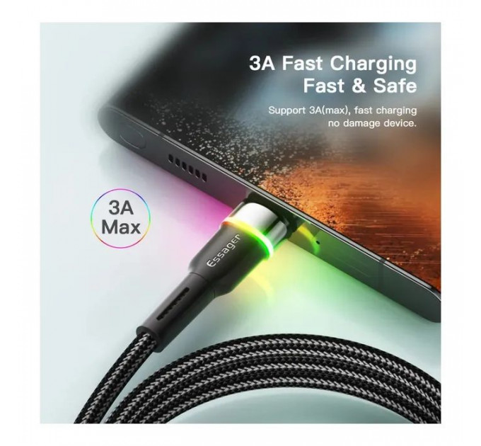 Дата кабеля USB 2.0 AM to USB-C 0.5m 3A LED black Essager (EXCT-XCDB01)