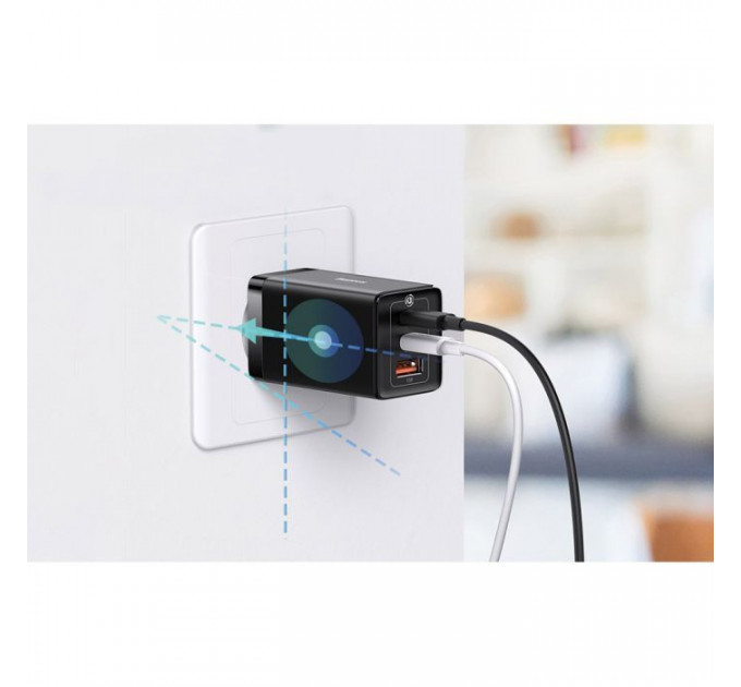 Зарядний пристрій Baseus 2xUSB-C 65W + 1xUSB GaN + cable USB-C to USB-C 100W 1.0m black (CCGP120201)