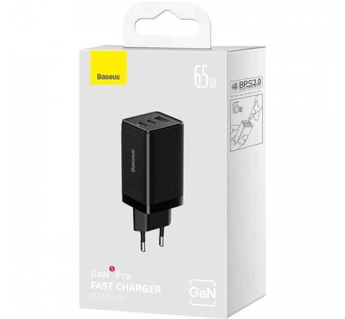 Зарядний пристрій Baseus 2xUSB-C 65W + 1xUSB GaN + cable USB-C to USB-C 100W 1.0m black (CCGP120201)