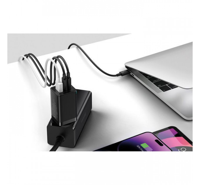 Зарядний пристрій Baseus 2xUSB-C 65W + 1xUSB GaN + cable USB-C to USB-C 100W 1.0m black (CCGP120201)