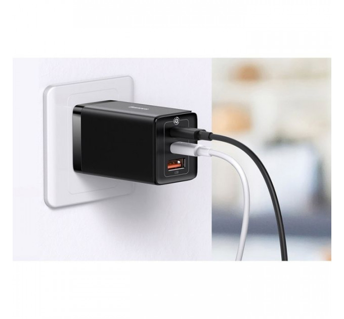 Зарядний пристрій Baseus 2xUSB-C 65W + 1xUSB GaN + cable USB-C to USB-C 100W 1.0m black (CCGP120201)