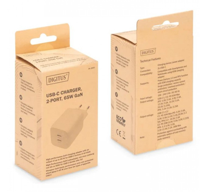 Зарядний пристрій Digitus 2xUSB-C PD65W GaN (DA-10063)
