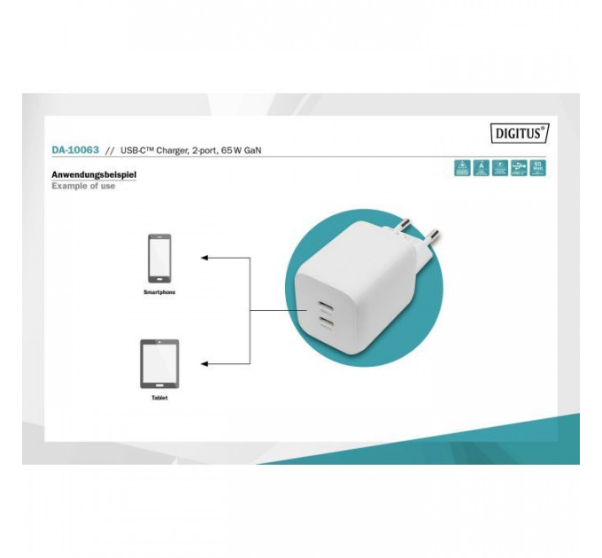 Зарядний пристрій Digitus 2xUSB-C PD65W GaN (DA-10063)