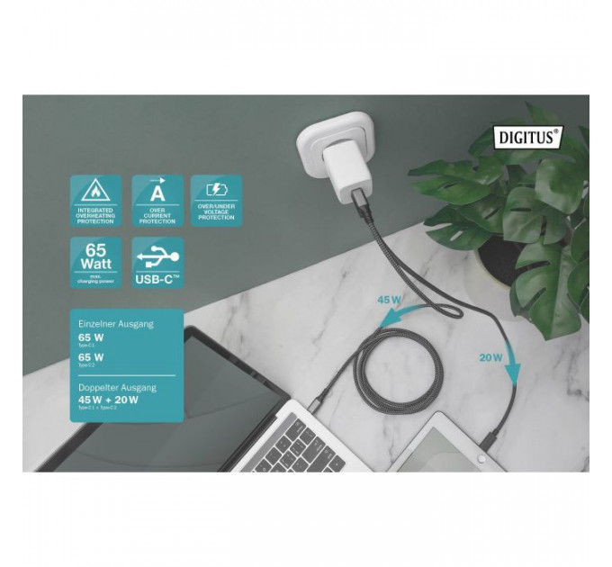 Зарядний пристрій Digitus 2xUSB-C PD65W GaN (DA-10063)