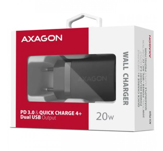 Зарядний пристрій AXAGON 1xUSB QC3.0 + 1xUSB-C PD20W black (ACU-PQ20)