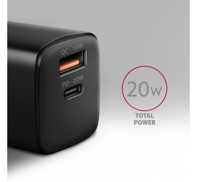 Зарядний пристрій AXAGON 1xUSB QC3.0 + 1xUSB-C PD20W black (ACU-PQ20)