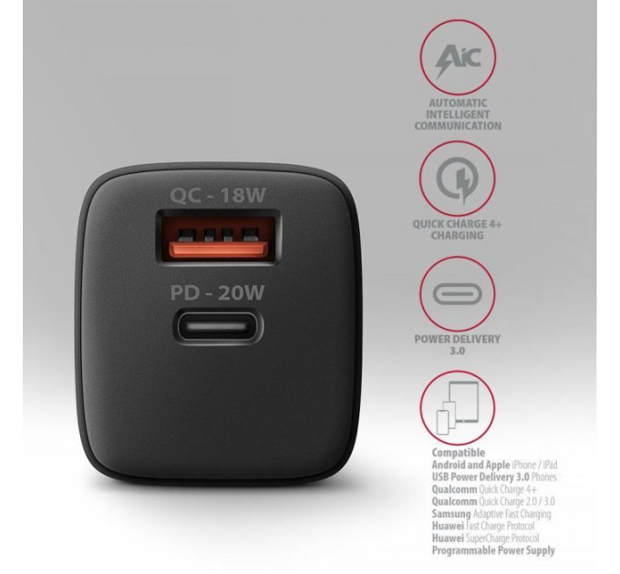 Зарядний пристрій AXAGON 1xUSB QC3.0 + 1xUSB-C PD20W black (ACU-PQ20)