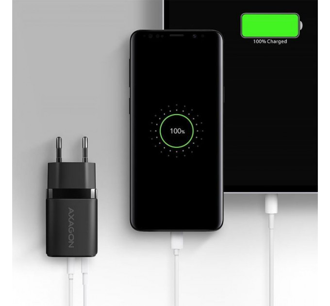 Зарядний пристрій AXAGON 1xUSB QC3.0 + 1xUSB-C PD20W black (ACU-PQ20)