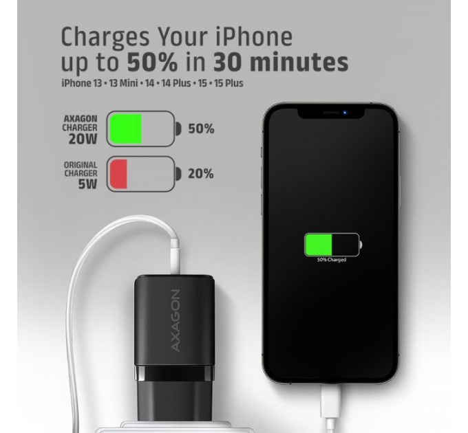 Зарядний пристрій AXAGON 1xUSB QC3.0 + 1xUSB-C PD20W black (ACU-PQ20)