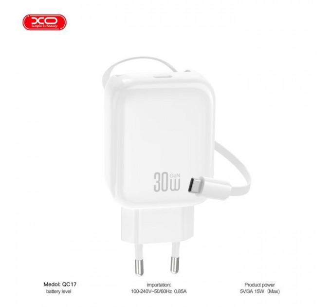 Зарядное устройство XO 1xUSB-C PD30W GaN + cable USB-C to USB-C (XO-QC17)