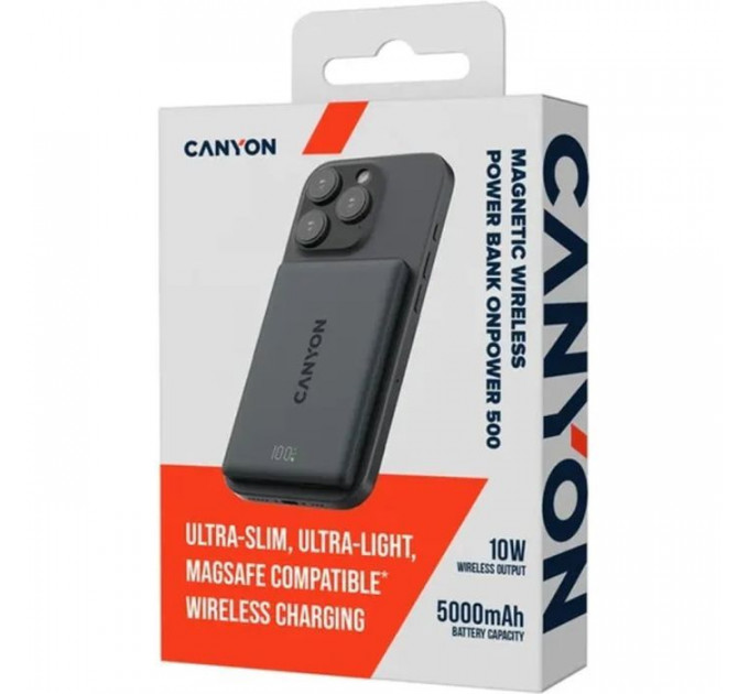 Батарея универсальная Canyon 5000mAh OnPower 500 PD20W Magnetic Wireless MagSafe Black (CNS-CPB500B)