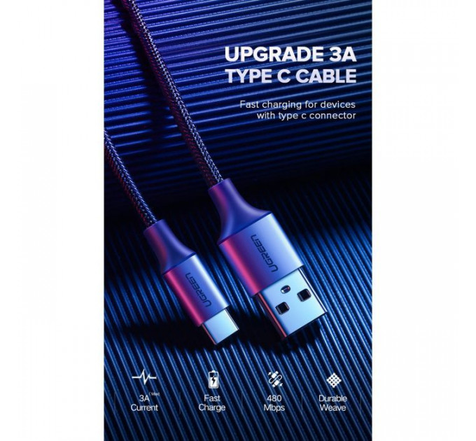 Дата кабель USB 2.0 AM to USB-C 0.25m 3A aluminum braid nickel plating black Ugreen (60124)