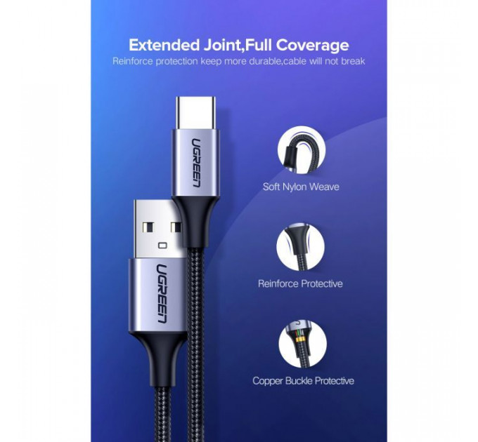 Дата кабель USB 2.0 AM to USB-C 0.25m 3A aluminum braid nickel plating black Ugreen (60124)