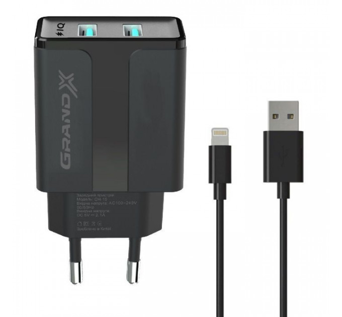 Зарядное устройство Grand-X 5V 2,1A Black + cable USB-Lightning (CH15LTB)
