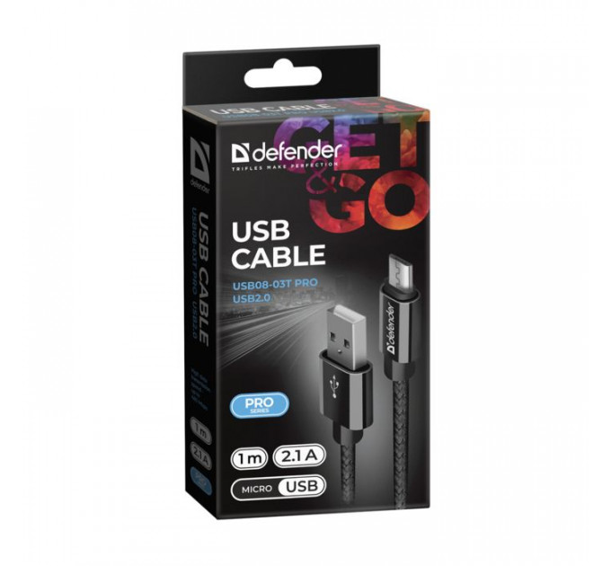 Дата кабель USB 2.0 AM to Micro 5P 1.0m USB08-03T PRO black Defender (87802)