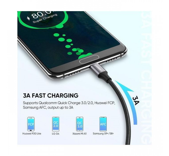 Дата кабель USB 2.0 AM to USB-C 2.0m US288 Aluminum Braid Black Ugreen (60128)