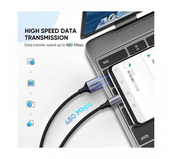 Дата кабель USB 2.0 AM to USB-C 2.0m US288 Aluminum Braid Black Ugreen (60128)