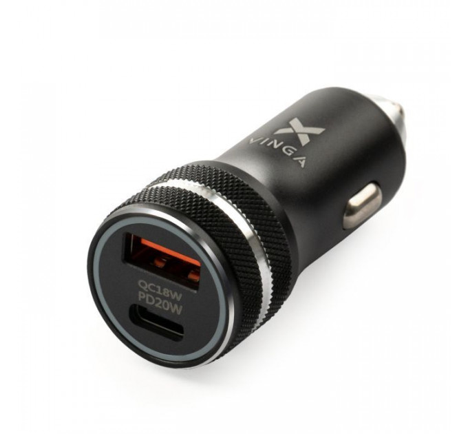 Зарядное устройство Vinga QC3.0+PD Quick Car Charger aluminium 36W Max black (VCCQPAC)