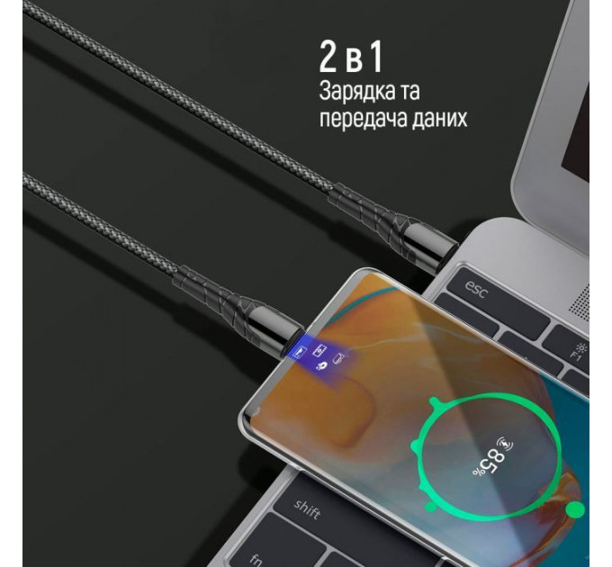 Дата кабель USB-C to USB-C 1.0m PD Fast Charging 65W 3А grey ColorWay (CW-CBPDCC040-GR)