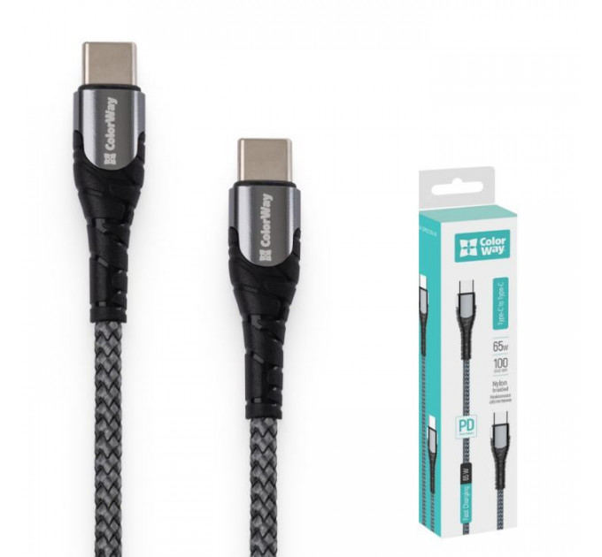 Дата кабель USB-C to USB-C 1.0m PD Fast Charging 65W 3А grey ColorWay (CW-CBPDCC040-GR)