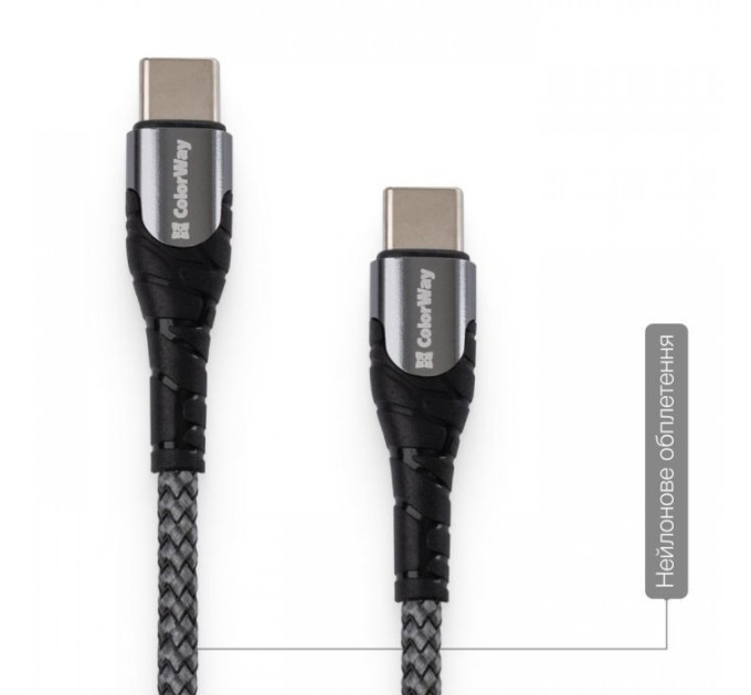 Дата кабель USB-C to USB-C 1.0m PD Fast Charging 65W 3А grey ColorWay (CW-CBPDCC040-GR)