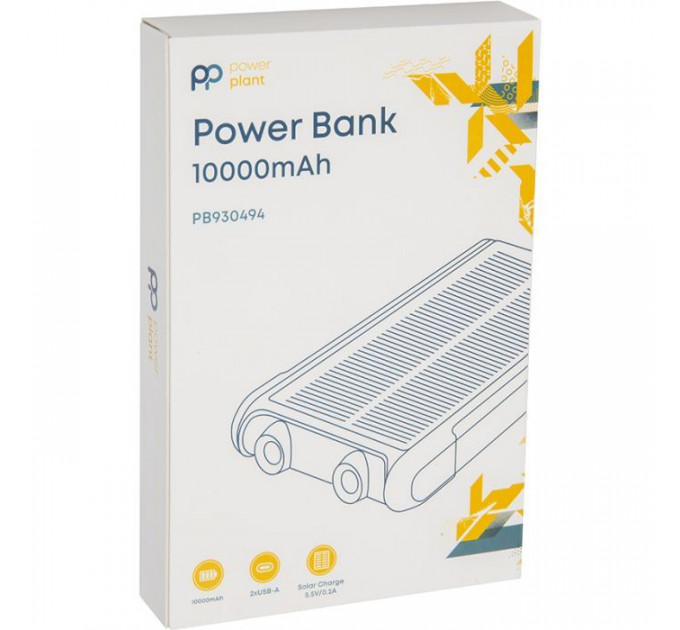Батарея універсальна PowerPlant 10000mAh, USB-A*2, + Solar 5.5V-0,2A (PB930494)
