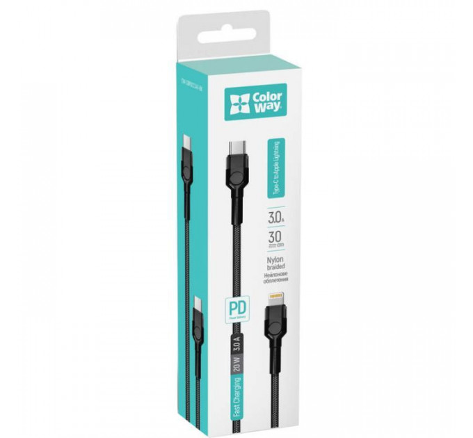 Дата кабель USB-C to Lightning 0.3m 3А black ColorWay (CW-CBPDCL054-BK)