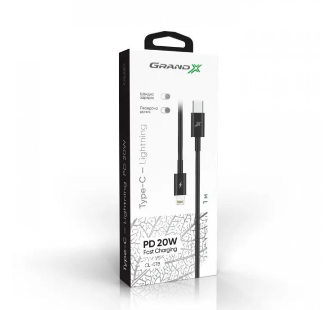 Дата кабель USB-C to Lightning 1.0m 20W CL-07B Black Grand-X (CL-07B)