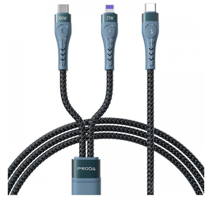 Дата кабель USB-C to USB-C + Lightning 1.3m Azeada 27W\/100W black Proda (PD-B73th-BK)