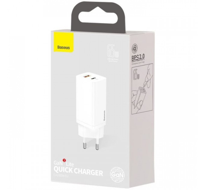 Зарядний пристрій Baseus 2xUSB 65W GaN (USB-C+USB-A) white (CCGAN2L-B02)
