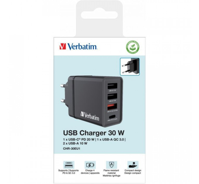Зарядний пристрій Verbatim USB 30W PD3.0 4-ports black (49700)
