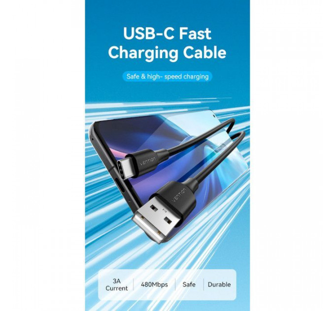 Дата кабель USB 2.0 AM to USB-C 3.0m 3.0A (18W) PVC black VENTION (CTHBI)