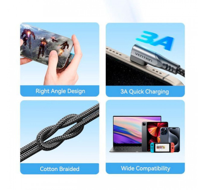 Дата кабеля USB-C на USB-C 0.5m USB2.0 60W (20V\/3A) angle 90° Gray Aluminum Alloy VENTION (TRAHD)