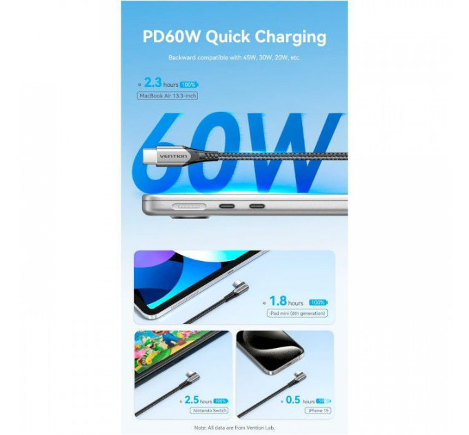 Дата кабеля USB-C на USB-C 0.5m USB2.0 60W (20V\/3A) angle 90° Gray Aluminum Alloy VENTION (TRAHD)