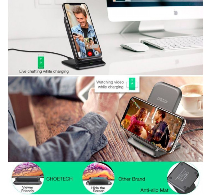 Зарядний пристрій Choetech 15W Fast Wireless Charging Stand 2coils black (T555-F-BK)