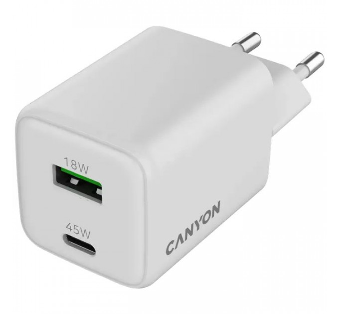 Зарядний пристрій Canyon CU45AC GaN 45W 1xPD 1xQC EU White (CNS-CUW45AC)