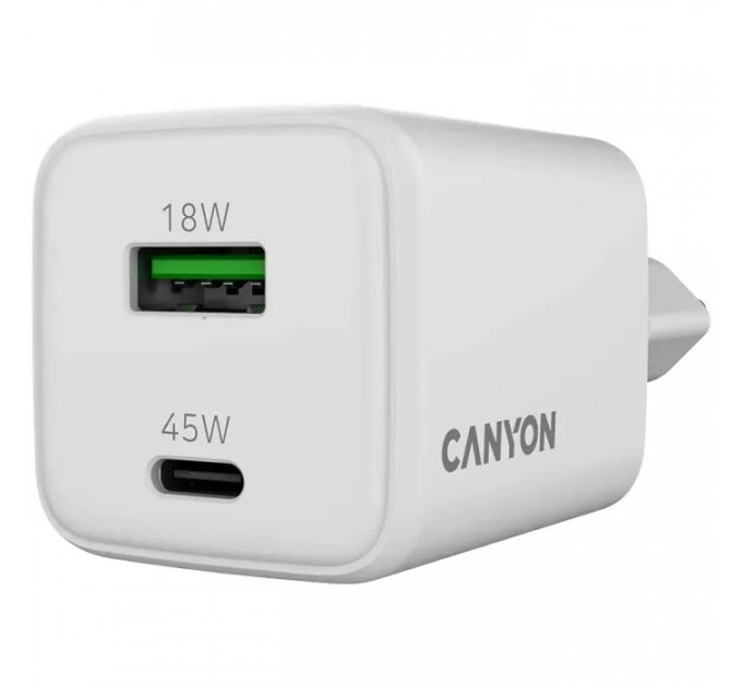 Зарядний пристрій Canyon CU45AC GaN 45W 1xPD 1xQC EU White (CNS-CUW45AC)