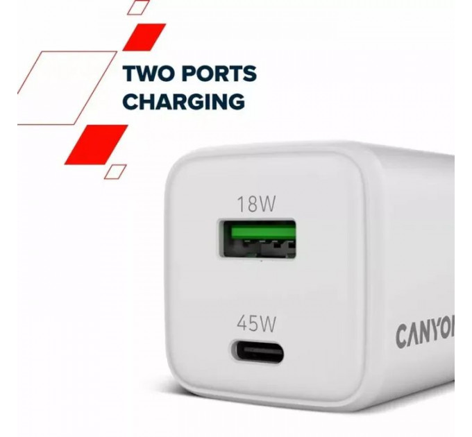 Зарядний пристрій Canyon CU45AC GaN 45W 1xPD 1xQC EU White (CNS-CUW45AC)