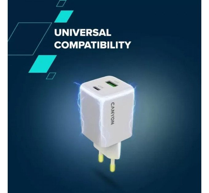 Зарядний пристрій Canyon CU45AC GaN 45W 1xPD 1xQC EU White (CNS-CUW45AC)