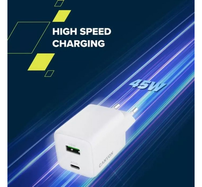 Зарядний пристрій Canyon CU45AC GaN 45W 1xPD 1xQC EU White (CNS-CUW45AC)