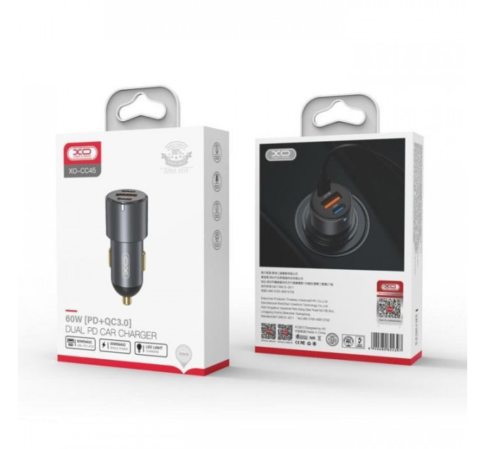 Зарядний пристрій XO CC45 1 USB QC 3.0 + 2 Type-C PD (60W) Black (XO-CC45-BK)