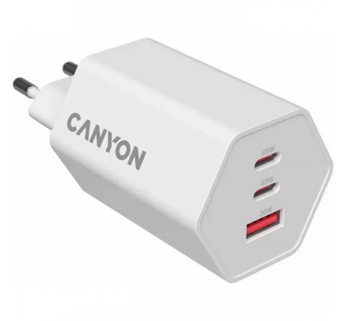 Зарядное устройство для Canyon HEXAGON 65 GaN 65W 2xPD 1xQC EU White (CND-CHAHEX65W)