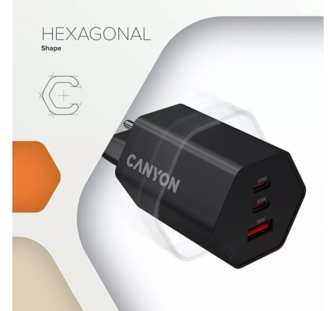 Зарядное устройство для Canyon HEXAGON 65 GaN 65W 2xPD 1xQC EU White (CND-CHAHEX65W)