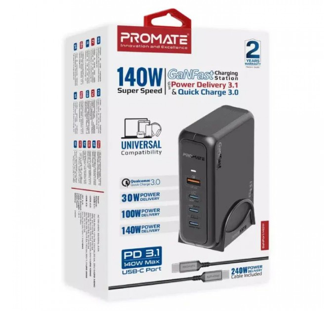 Зарядное устройство Promate 3xUSB-C+USB-A (ganport-140w.black)