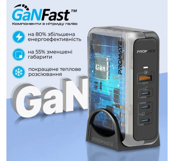 Зарядное устройство Promate 3xUSB-C+USB-A (ganport-140w.black)