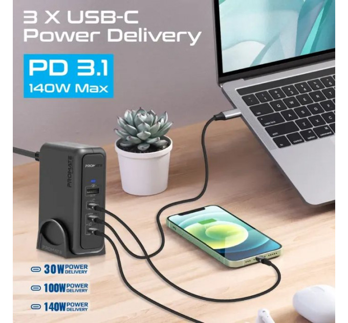 Зарядное устройство Promate 3xUSB-C+USB-A (ganport-140w.black)