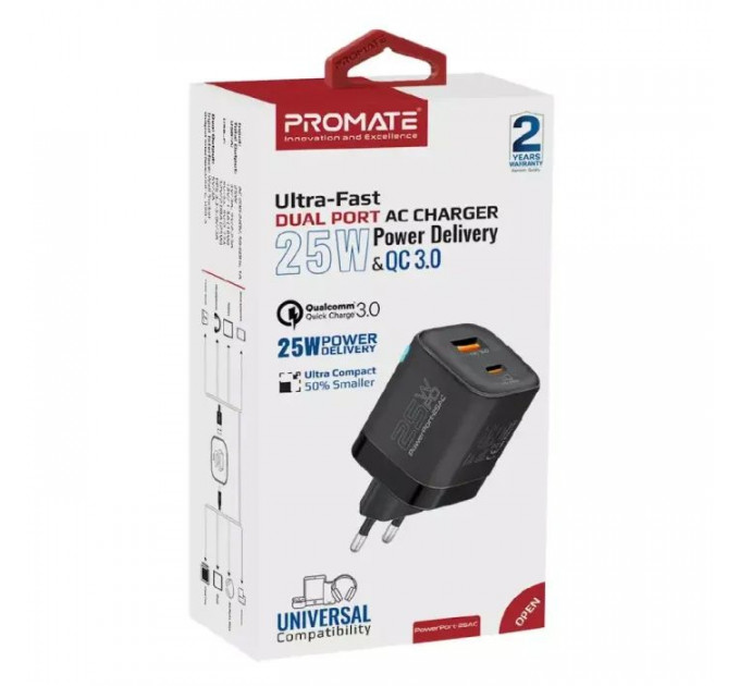 Зарядний пристрій Promate USB-C + USB-A (powerport-25ac.black)